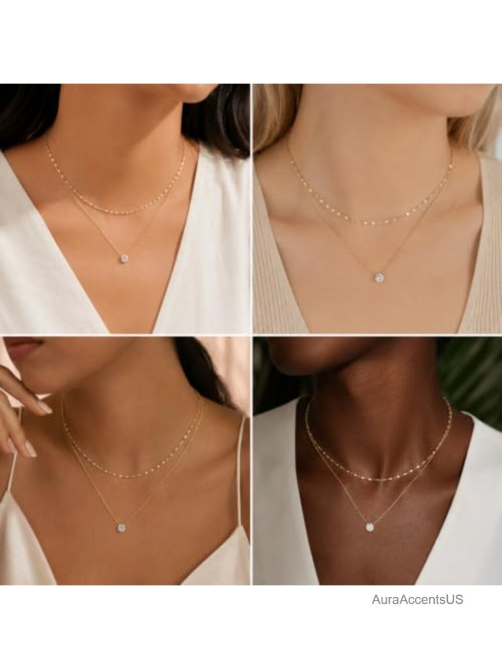 Layered Necklace Set Women Cubic Zirconia Pendant 14K Gold Silver Plated Double - Picture 6 of 6